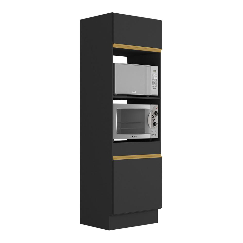 Paneleiro 2 Portas 63cm Com Rodapé Para Forno E Microondas Veneza Multimóveis V2116 Preto/dourado