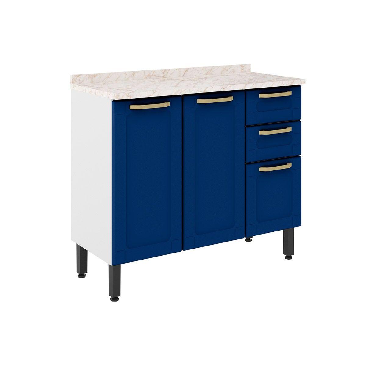 Gabinete De Cozinha Modulado Balcao Colors 6114 3 Portas E 2 Gavetas C Tampo Branco Blue Navy Bertolini