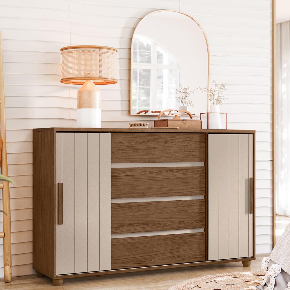 Cômoda Quarto Evidenza Com 4 Gavetas E 2 Portas De Correr Avela/fendi Metallic