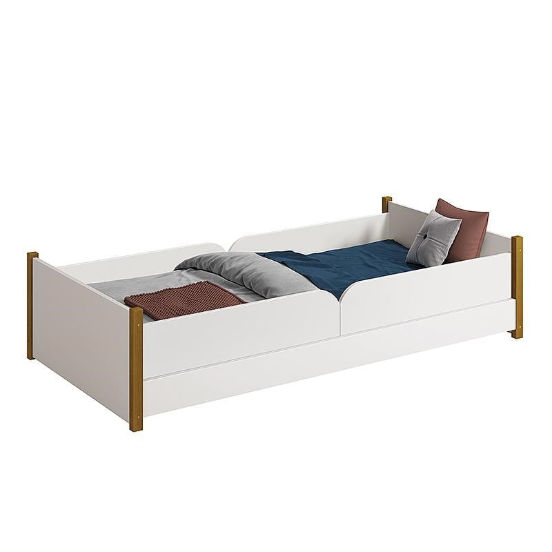 Cama Evolutiva Ravi Branco Com Pés Amadeirado, 2 Kits Grade Lateral Lisa E Colchão D20 - Reller Móveis