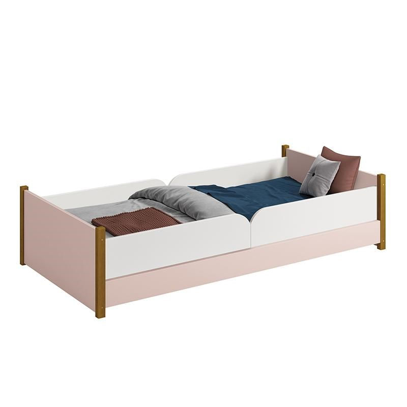 Cama Evolutiva Ravi Rosa Com Pés Amadeirado, 2 Kits Grade Lateral Lisa E Colchão D20 - Reller Móveis