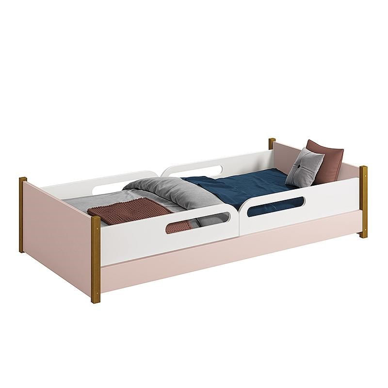 Cama Evolutiva Ravi Rosa Com Pés Amadeirado, 2 Kits Grade Lateral Usinada E Colchão D20 - Reller Móveis