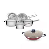 KIT - Jogo de Panelas Allegra 5 pçs inox + Panela Wok Alumínio Paris 36cm Vermelha - Tramontina