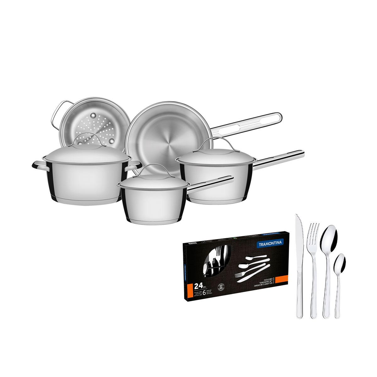 KIT---Jogo-de-Panelas-Allegra-5-pcs-inox---Faqueiro-inox-Buzios-24pcs---Tramontina