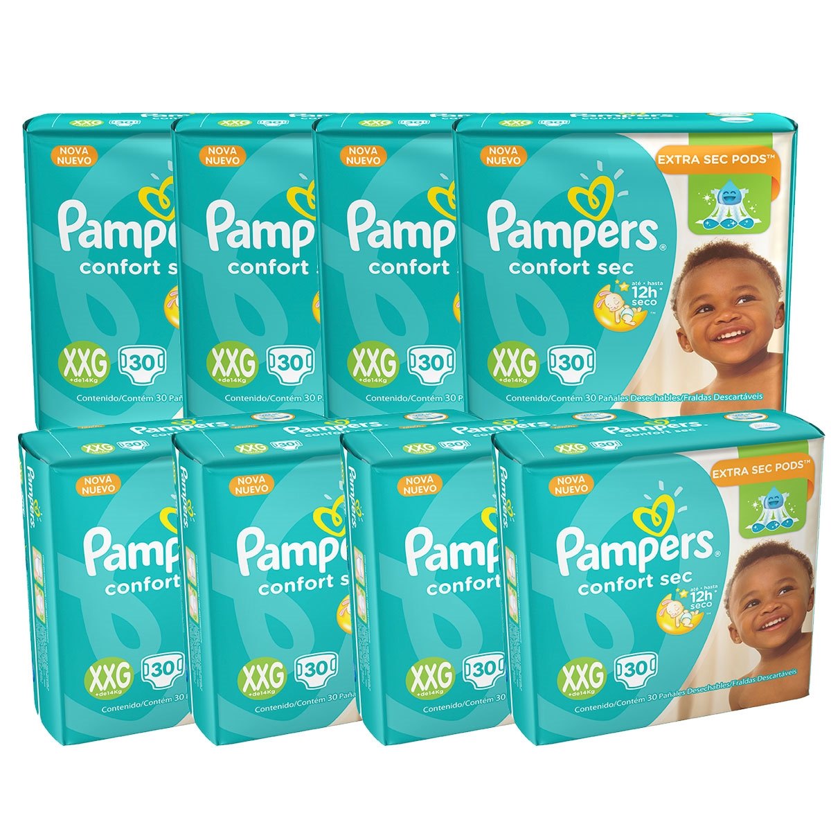 Kit com 8 Pampers Confort Sec Fraldas Descartáveis Tamanho XXG 30 Tiras