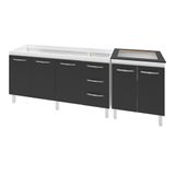 Armário Cozinha Gabinete Pia De 150 Cm Diana Com Balcão Cooktop 4 Bocas Branco Frente Preta Jade