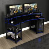 Mesa Gamer Escrivaninha Para Computador Home Office 3 Prateleiras Espaço Cpu Quarto Preto E Azul