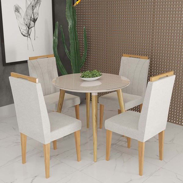 Conjunto De Mesa Redonda Veneza Com Vidro E 4 Cadeiras Onix