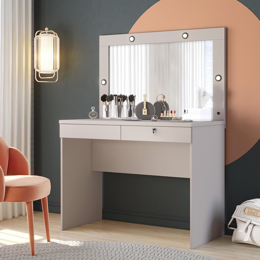 Penteadeira Camarim Capricho Com 02 Gavetas Espelho E Led Off White