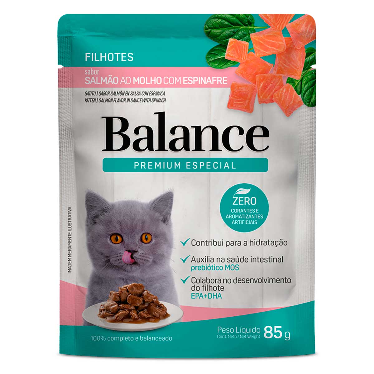 Ração Úmida para Gatos Filhotes Sabor Salmão ao Molho com Espinafre Premium Especial Balance Sachê 85g