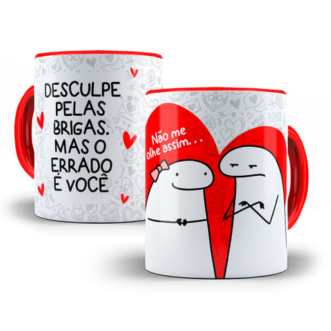 Caneca De Porcelana Alça E Interior Vermelha Flork Namorados