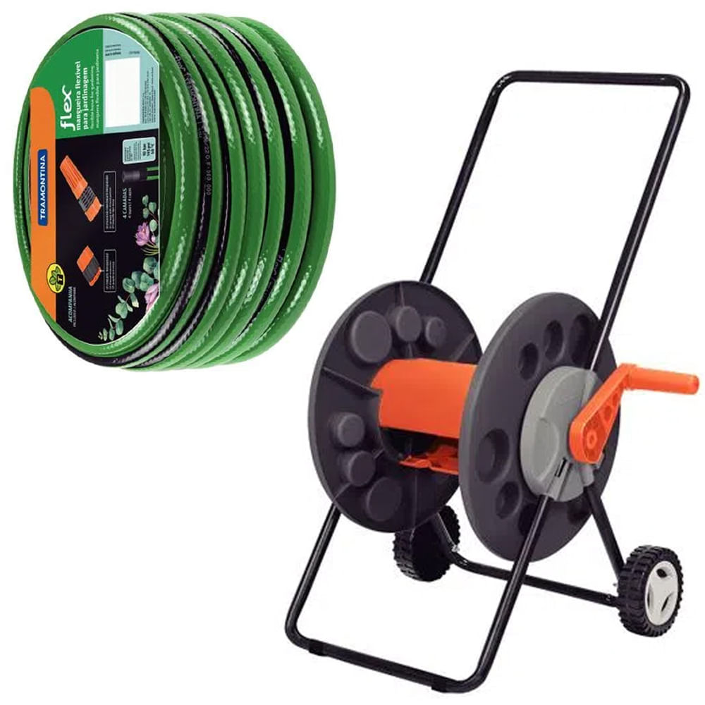 Kit Mangueira Flex Para Jardim 20 Metros Mais Suporte Enrolador Com Rodinhas Tramontina