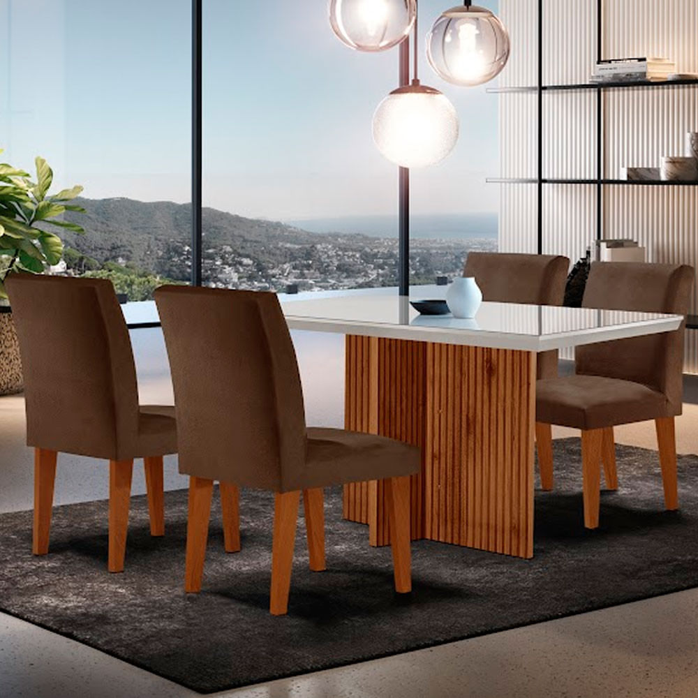 Sala De Jantar Mesa Olimpia 120  Mdf Vidro Canto Reto Com 4 Cadeiras Grecia