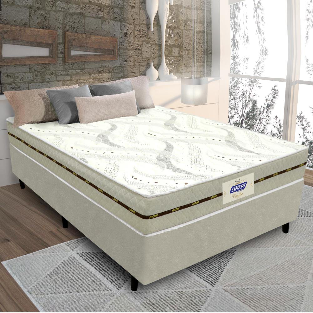 Cama Box Casal Colchão Molas Caribe Gazin 138x188x58cm Branco/bege - Suporta Até 100kg Por Pessoa