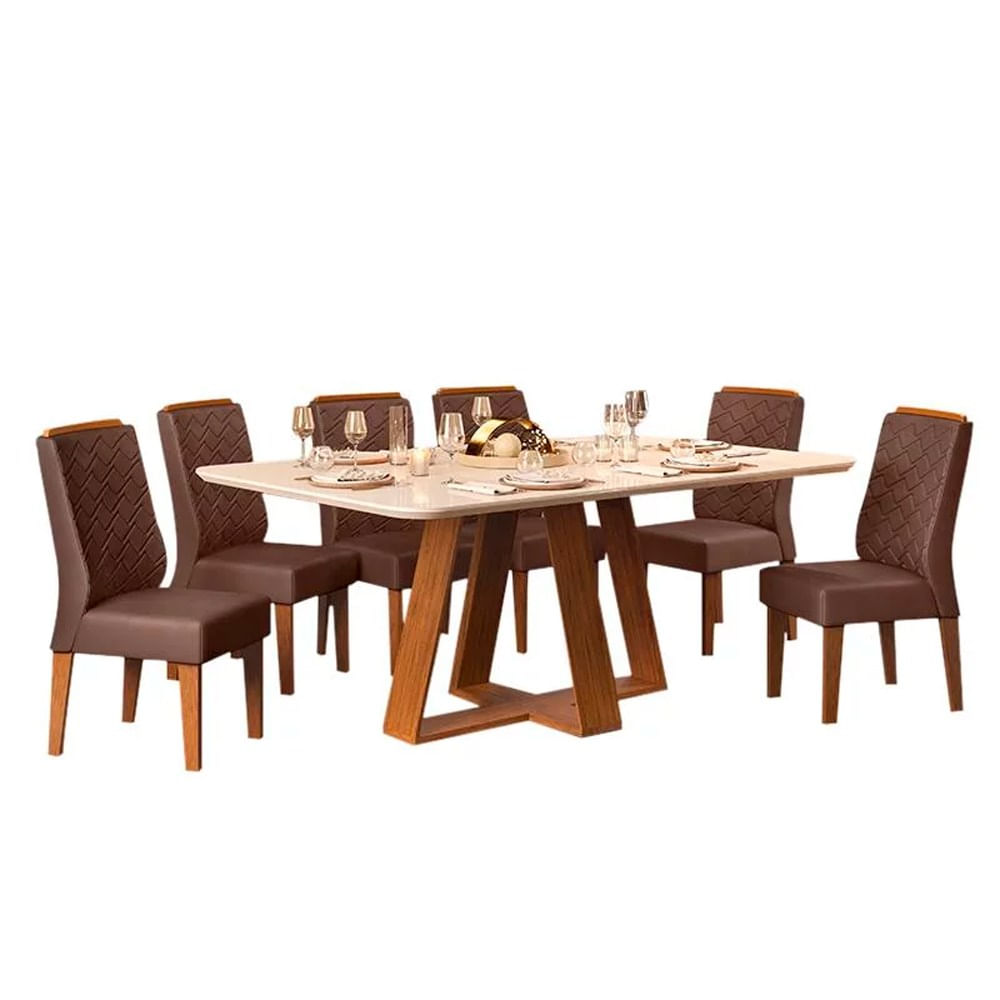 Mesa De Jantar Kiara 160cm Com 6 Cadeiras Lídia D04 Freijó/veludo Moca - Mpozenato