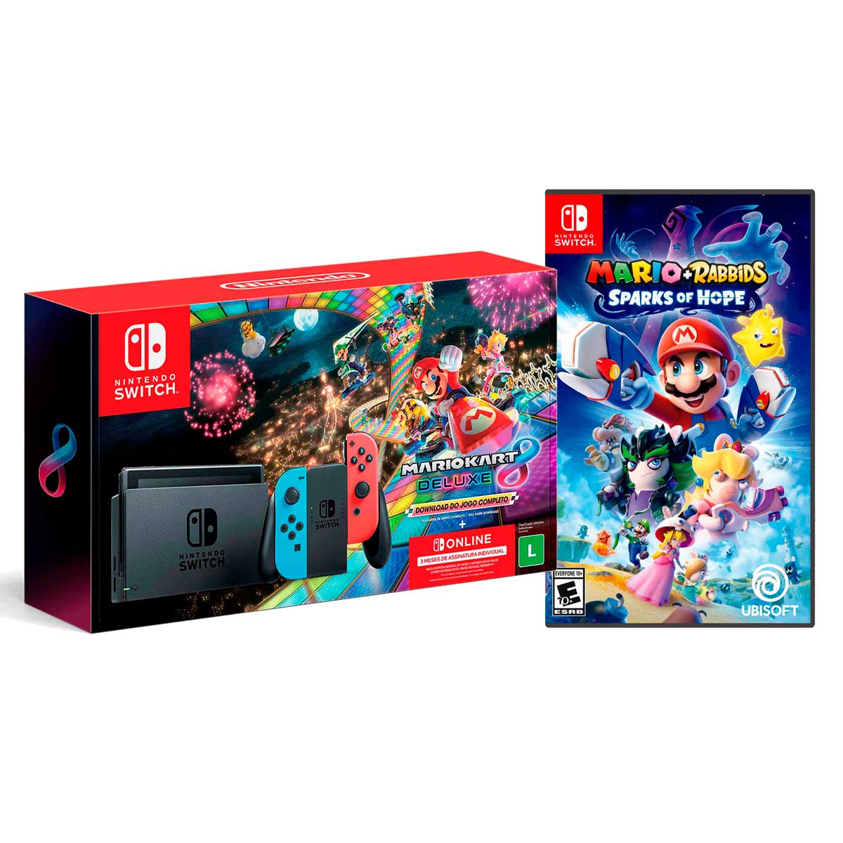 Nintendo Switch Com Jogo Mario Kart 8 + Jogo NSW Mario Rabbids Sparks Of  Hope - Faz a Boa!