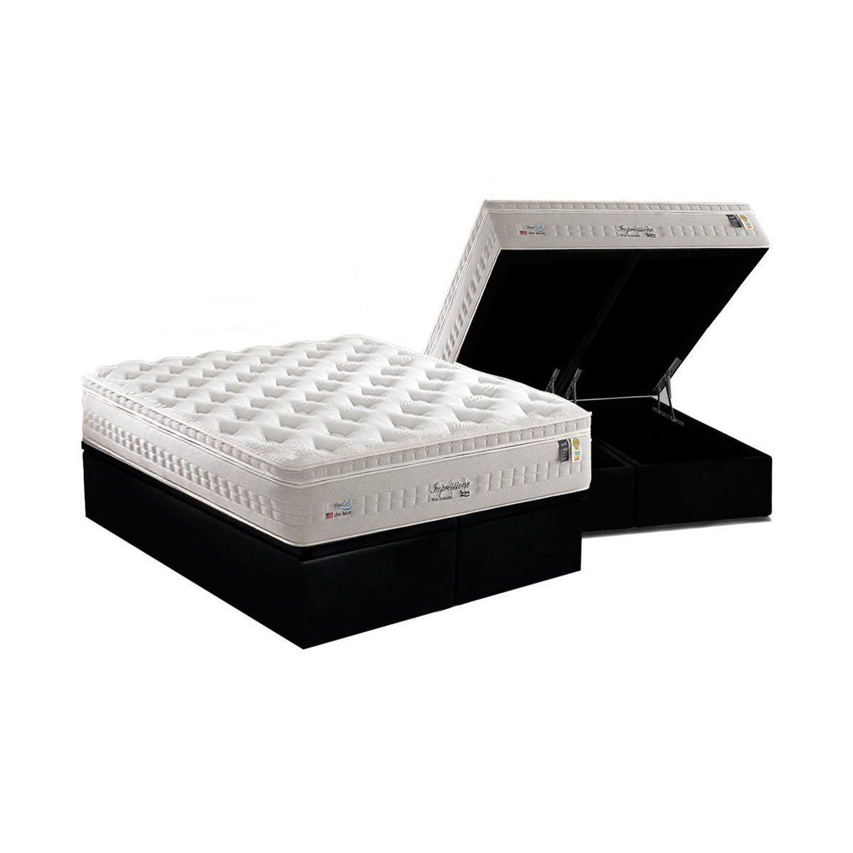 Cama Box Bau Queen Colchao Molas Masterpocket Ensacadas Anjos Impressione Base Crc Suede Black 158x198