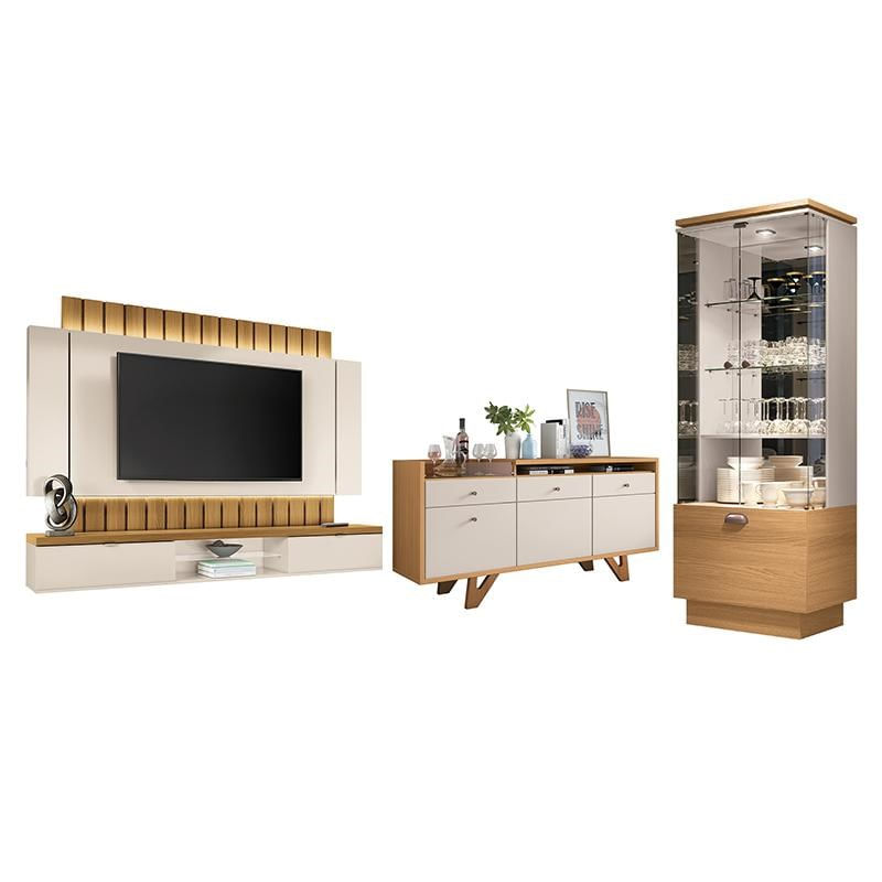 Sala De Estar Completa Diamante Com Home Suspenso 2.2, Buffet Aparador E Cristaleira Cinamomo/off White - Pr Móveis