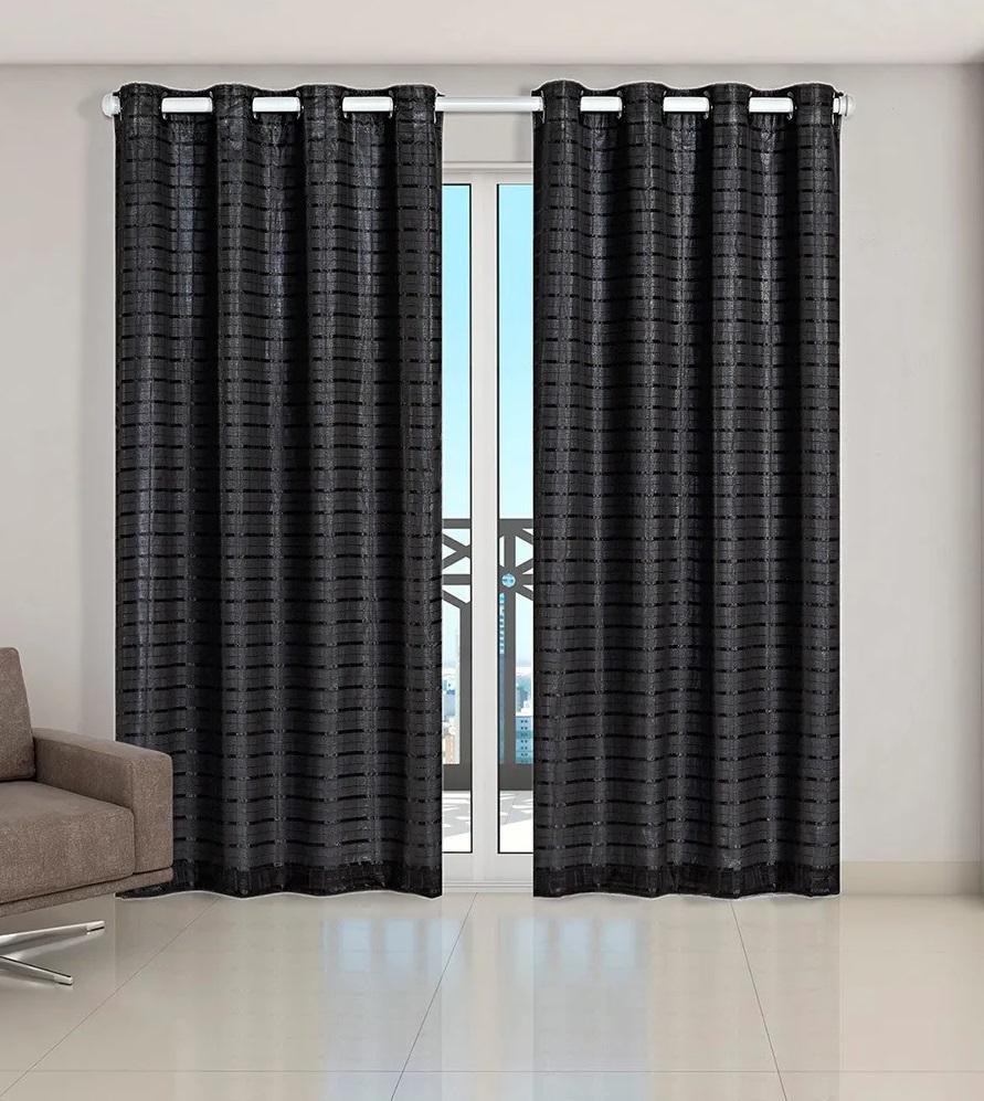 Cortina Voil Xadrez Com Forro Blackout 3,00 X 2,80 Preto