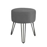 Puff Magnus Redondo Suede Cinza Pés De Ferro Preto Verniz