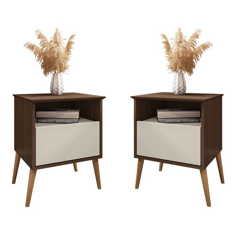 Kit 2 Mesa De Cabeceira Cancun 1 Gaveta Pés Madeira Maciça Nogal/off White