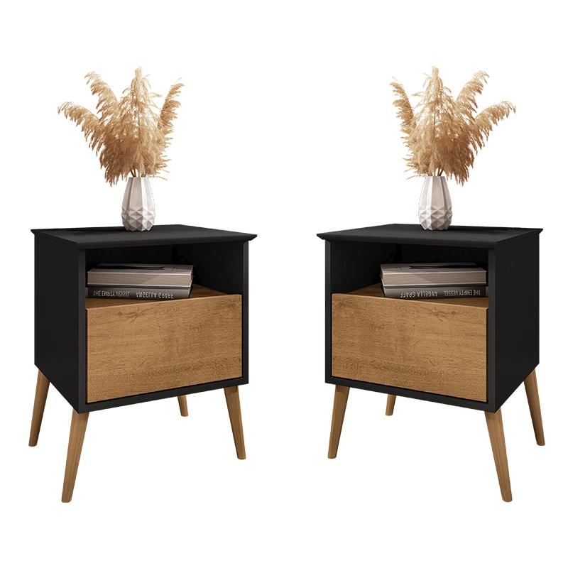 Kit 2 Mesa De Cabeceira Cancun 1 Gaveta Pés Madeira Maciça Preto Fosco/naturale