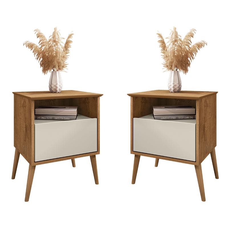 Kit 2 Mesa De Cabeceira Cancun 1 Gaveta Pés Madeira Maciça Naturale/off White