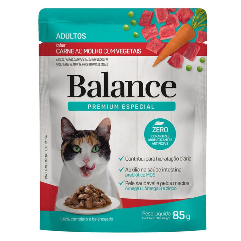 Racao-Umida-para-Gatos-Adultos-Sabor-Carne-ao-Molho-com-Vegetais-Premium-Especial-Balance-Sache-85g-Principal