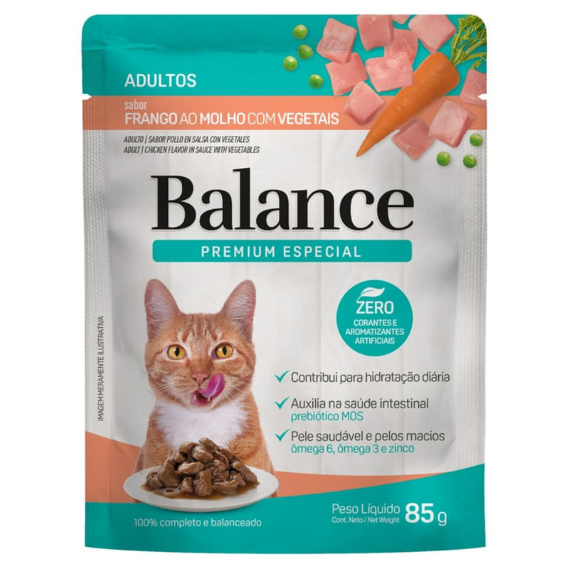 Racao-Umida-para-Gatos-Adultos-Sabor-Frango-ao-Molho-com-Vegetais-Premium-Especial-Balance-Sache-85g-Principal