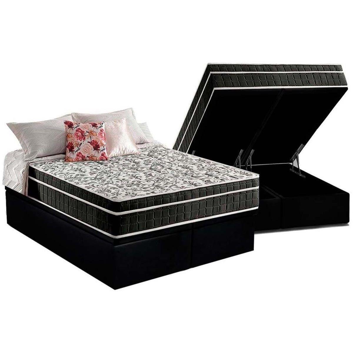 Cama Box Bau Queen Colchao Ortopedico Anjos D28 Ag65 Star Flex Fibra Siliconada Base Crc Suede Black 158x198