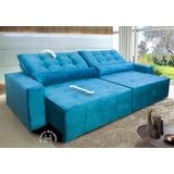 Sofá Retrátil/Reclinável Montebello 2,70m Suede Veludo Azul c/ Molas no Assento - King Kong