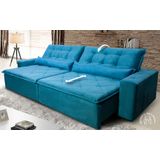 Sofá Retrátil/Reclinável Islândia 2,30m Suede Veludo Azul c/ Molas no Assento - King Kong