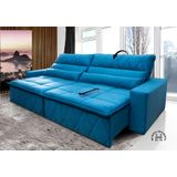 Sofá Retrátil/Reclinável Amsterdam 2,10m Suede Veludo Azul c/ Molas no Assento - King Kong