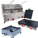Kit Lanchonete Fogão Portátil 1 Boca + Chapa 60cm com Prensa e Fritadeira 2 Cubas 5 Litros Alcamar