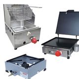Kit Lanchonete Fogão Portátil 1 Boca + Chapa 30cm Prensa e Fritadeira Profissional 1 Cuba Alcamar
