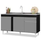 Balcão Gabinete Com Pia Inox 150cm 3 Portas 1 Gaveta Dakota Preto/cinza - Lumil