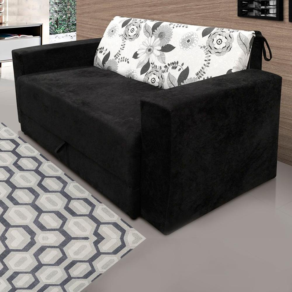 Sofá-cama 2 Lugares Pratik 5000 Mamflex Preto/cinza Floral Suede Amassado