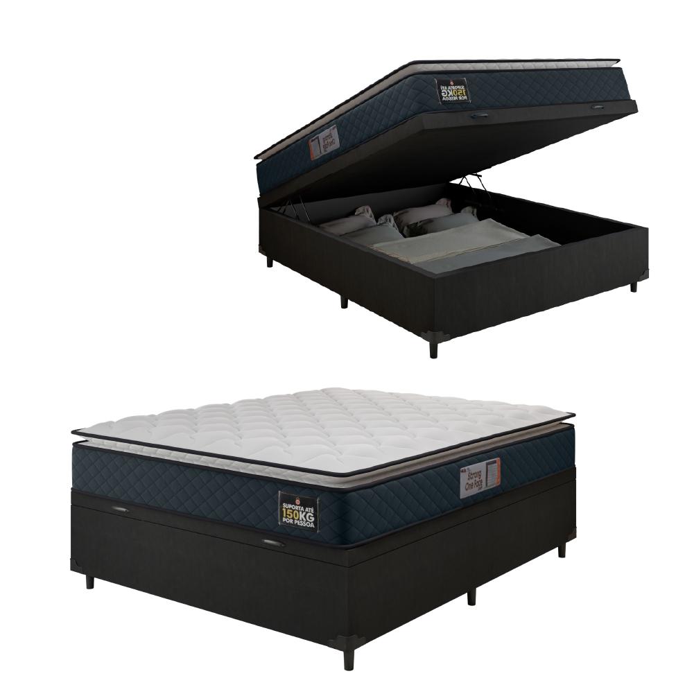 Cama Box Baú Casal Colchão Espuma D45 Pillow Top Strong 138x188x65cm Cinza/preto Hellen - Suporta Até 150kg Por Pessoa