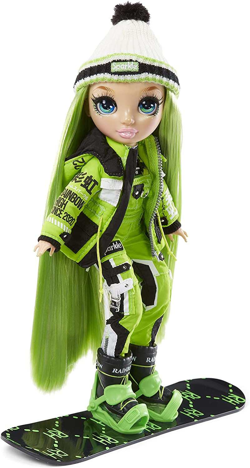 Rainbow High Winter Break Jade Hunter – Green Winter Break Fashion Doll E Playset Com 2 Roupas Completas De Boneca, Acessórios De Snowboard