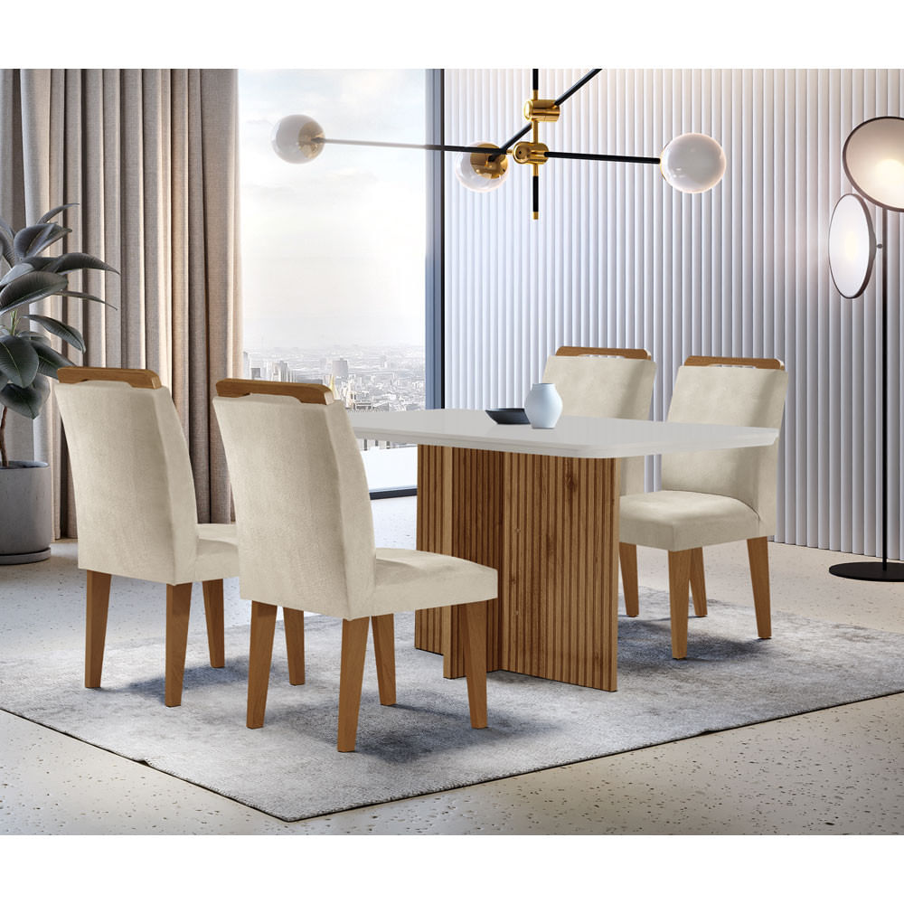 Sala De Jantar Mesa Olimpia 120cm Mdf Canto Reto Com 4 Cadeiras Athenas Moderna