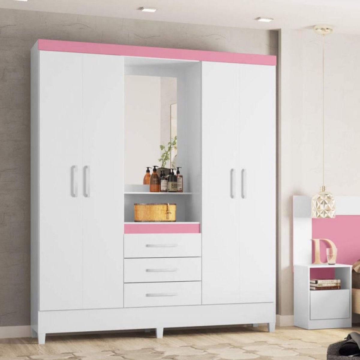 Guarda Roupa Capelinha com Espelho 4 Portas e 3 Gavetas Persia Demobile Branco- Branco rosa
