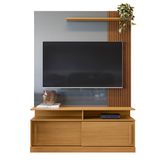 Estante Rack Painel Home Moderno Tv 42 47 48 50 55 60 Polegadas Porta Correr E Nicho Multiuso Sala Pequena Chicago 1,36- Tauari Ripado/cinza