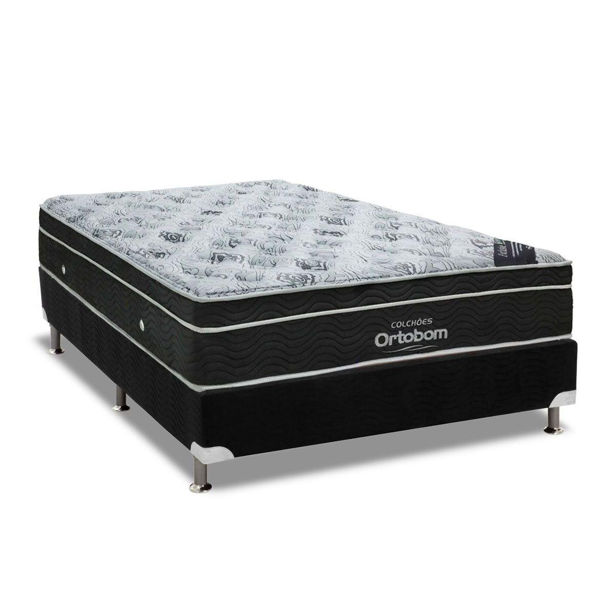 Cama Box Casal Colchao Molas Bonnel Ortobom Nanolastic Exclusive Pilow Base Suede Black 138x188