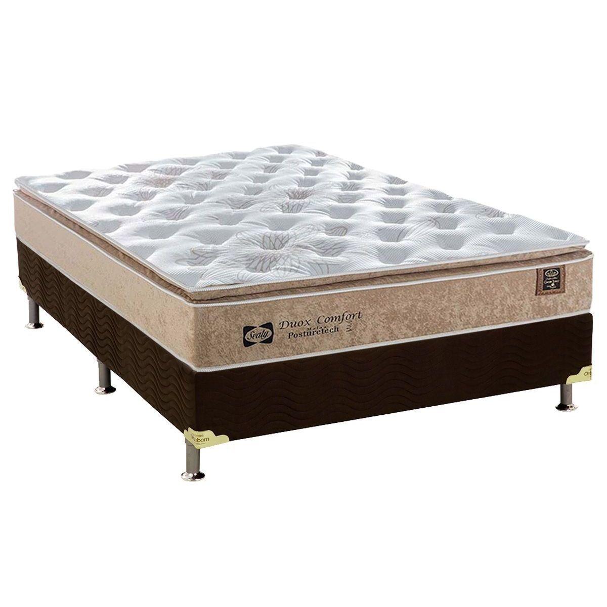 Cama Box Casal Colchao Molas Sealy Posturepedic Doux Confort Base Suede Marrom 138x188