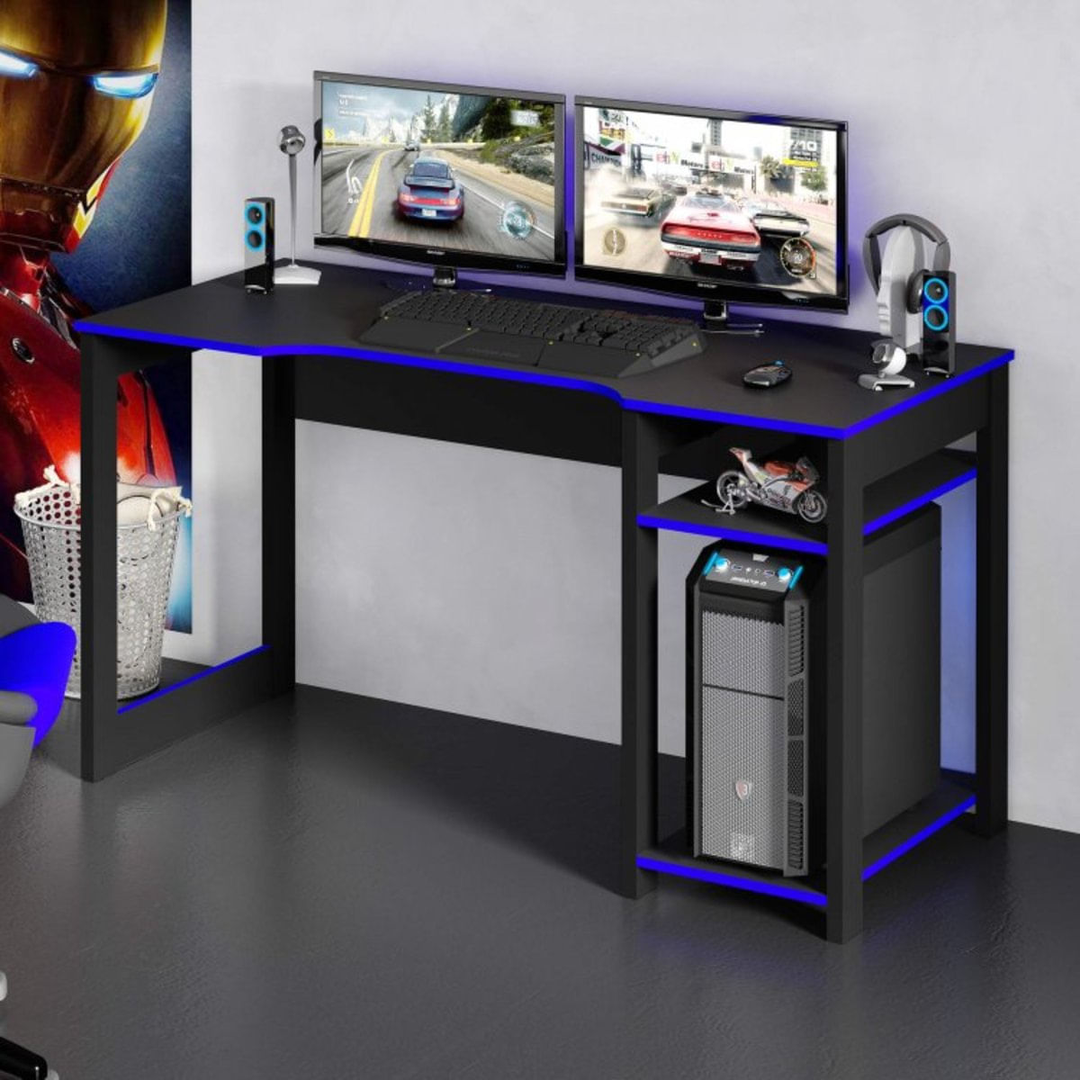Mesa Gamer Cyber Espresso Móveis Preto/Azul