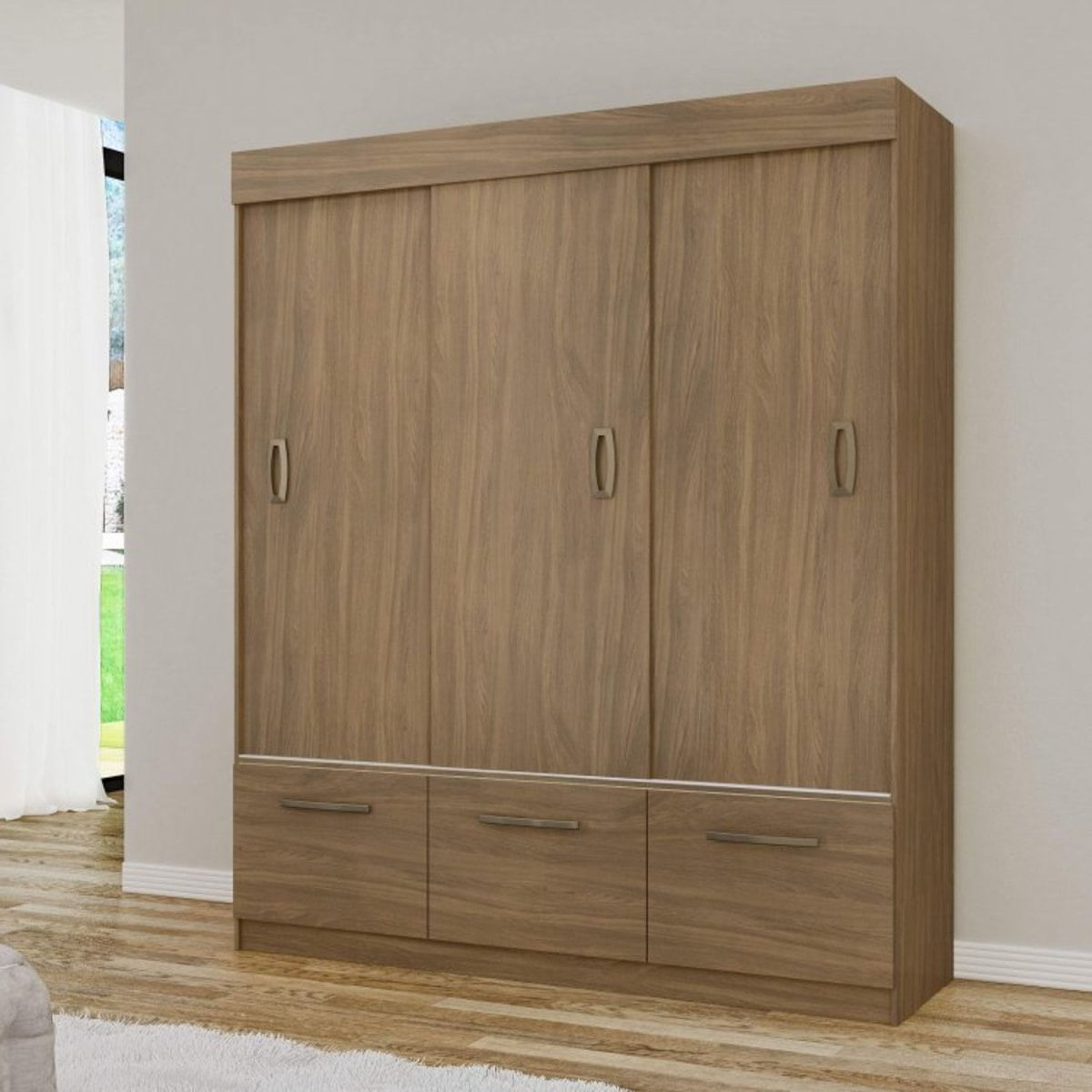 Guarda Roupa Casal 3 Portas de Correr 2 Gavetas Natal Mapi Móveis Nogueira