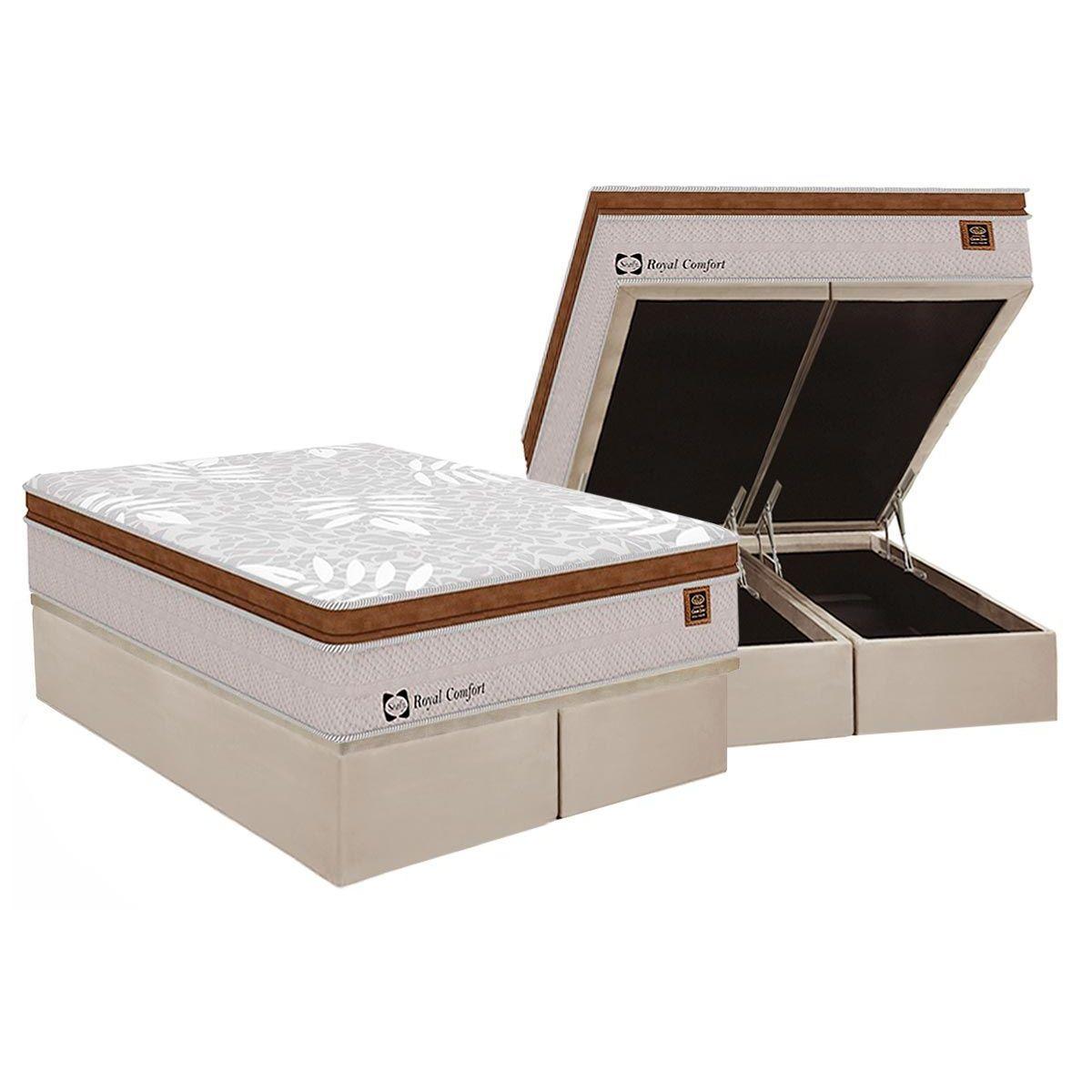 Cama Box Bau King Colchao Molas Sealy Posturepedic Royal Confort Base Crc Suede Bege 193x203