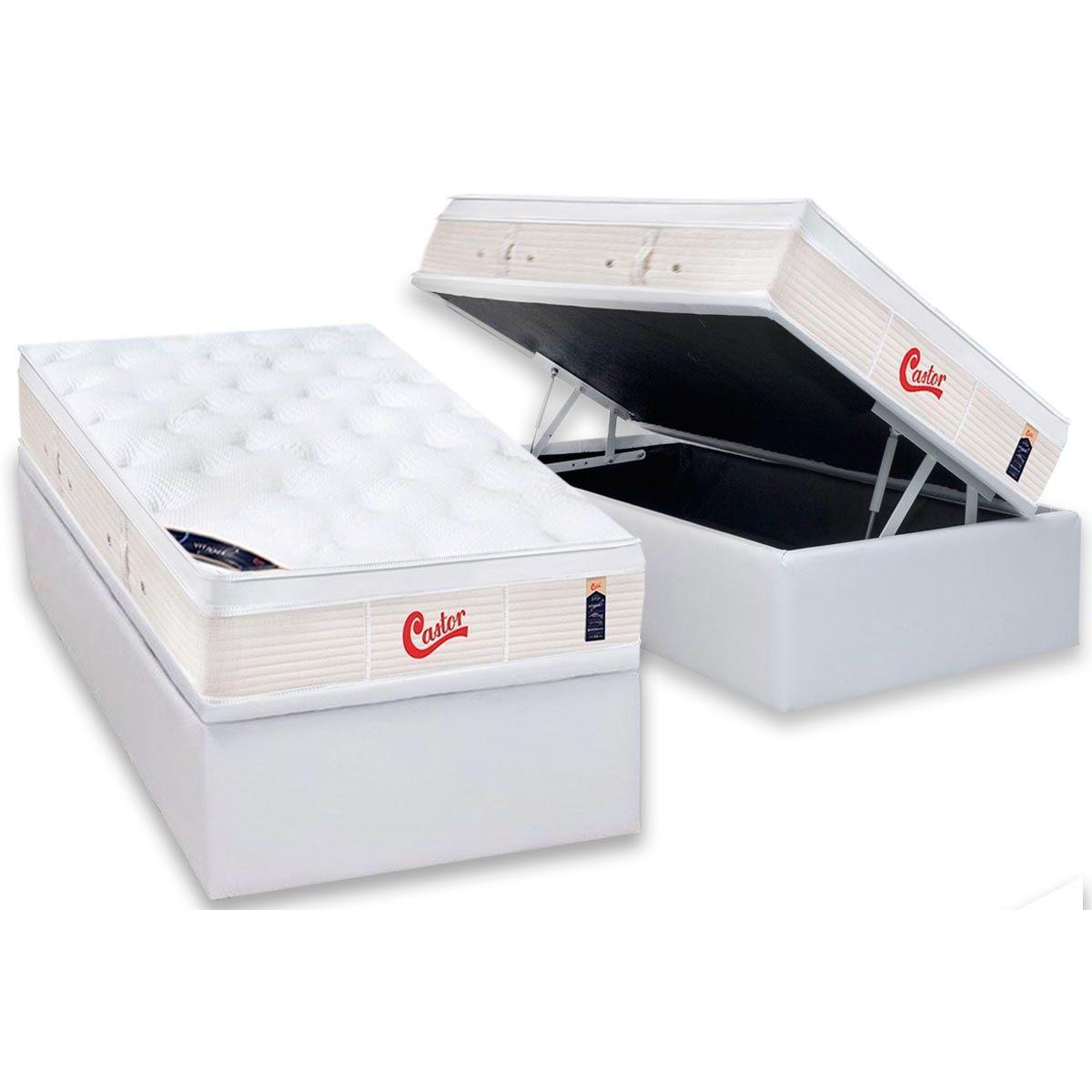 Cama Box Bau Solteiro Colchao Molas Ensacadas Castor Pocket Gold Star Vitagel Base Crc Courano White 88x188