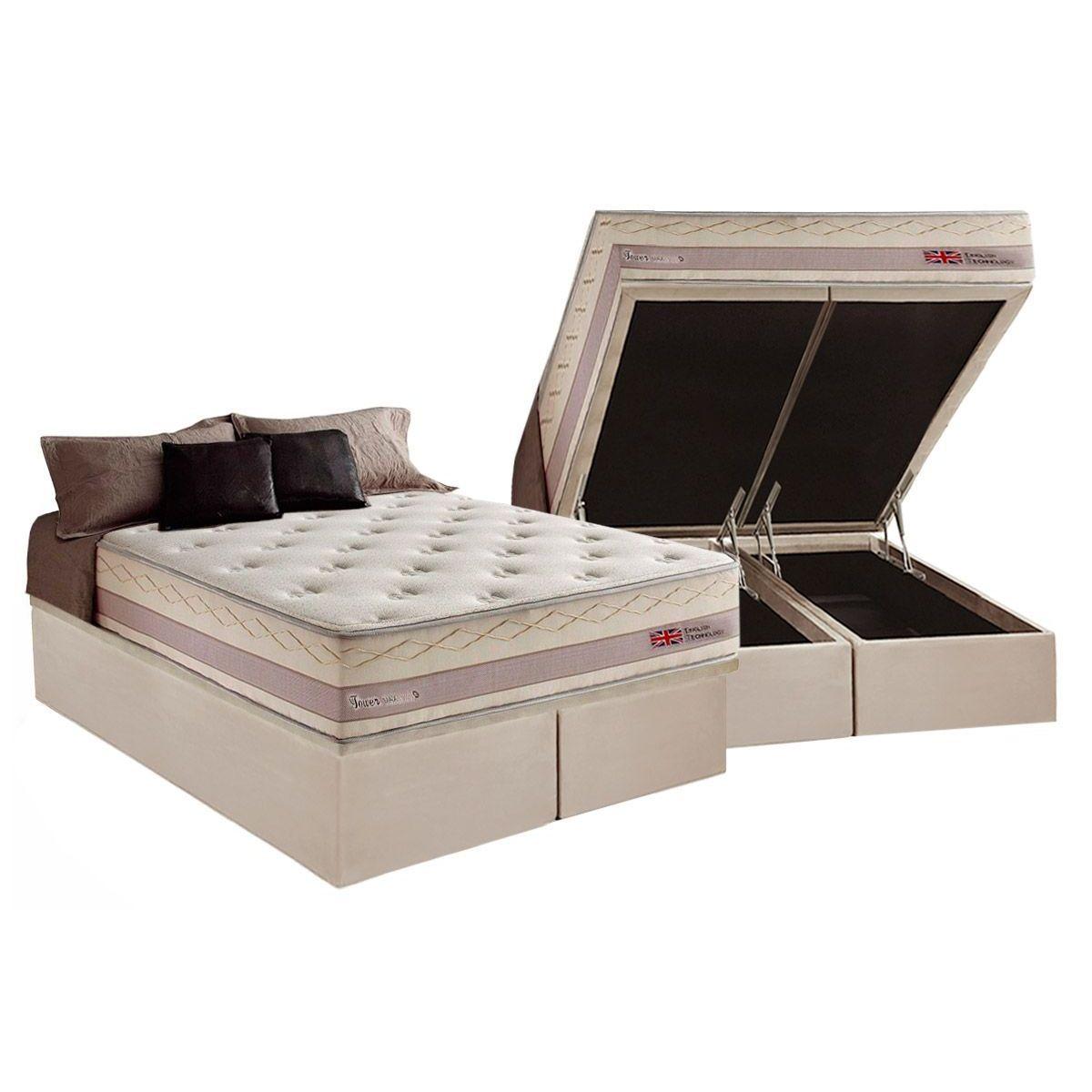 Cama Box Bau Queen Colchao Molas Herval Maxspring Tower Base Crc Suede Bege 158x198