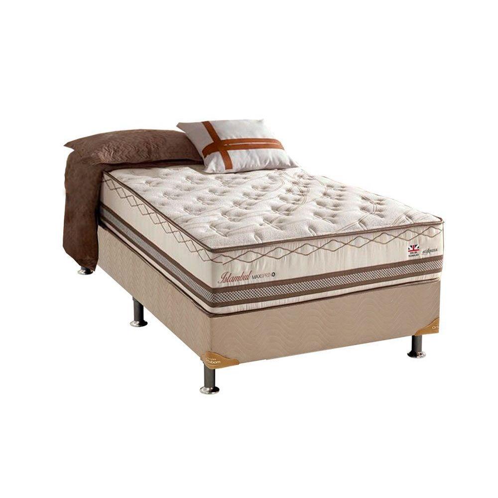 Cama Box Solteiro Colchao Molas Herval Maxspring Istambul Base Crc Suede Bege 88x188